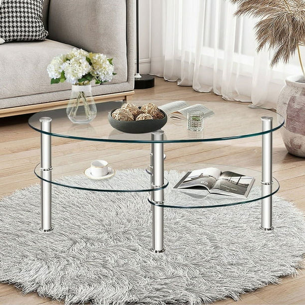 HONGGE Oval Glass Coffee Table with Storage Side Shelf and Metal Legs for Living Room Clear